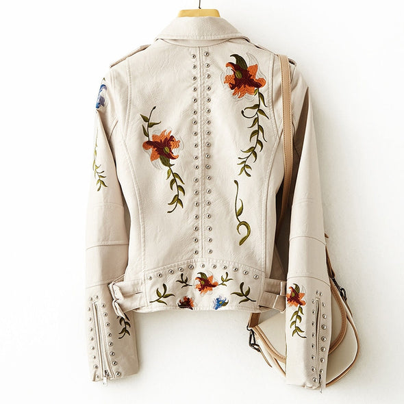 Sofia™ | Stilfuld Bikerjakke med Blomstret Broderi